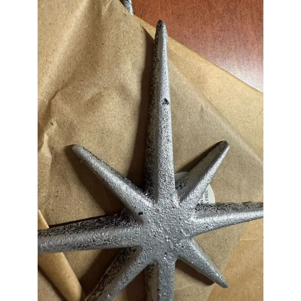 Set of 3 Large Metallic Silver Cast Iron 8 Pointed Star Starburst Wall Hangings